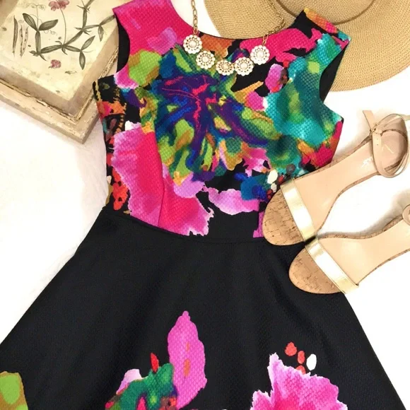 Tahari Vibrant Watercolor Fit and Flare Dress - Picture 2 of 16
